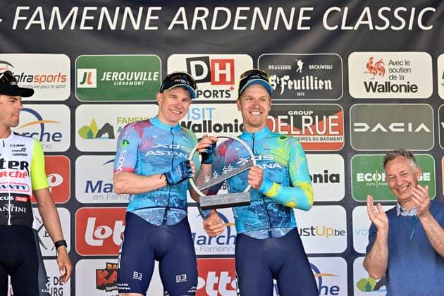 Lotto-Famenne Ardenne Classic 2025 cycling race MARCHE-EN-FAMENNE, BELGIUM - MAY 04 : Marit Arne (BEL) of Intermarche - Wanty, Kanter Max (GER) of XDS Astana Team and Bol Cees (NED) of XDS Astana Team pictured during the podium ceremony of the Men Elite UCI 1.1 Europe Tour 7th Lotto-Famenne Ardenne Classic cycling race with start in Marche-en-Famenne and finish in Marche-en-Famenne after 195 km on May 04, 2025 in Marche-en-Famenne, Belgium, 04 05 2025 ( Motordriver Guy De Vuyst & Marche-en-Famenne Belgium  Copyright: xJanxDexMeuleneirx