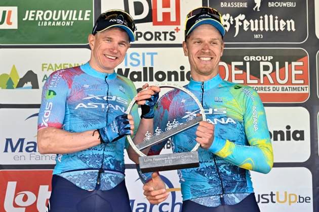 Lotto-Famenne Ardenne Classic 2025 cycling race MARCHE-EN-FAMENNE, BELGIUM - MAY 04 : Kanter Max (GER) of XDS Astana Team and Bol Cees (NED) of XDS Astana Team pictured during the podium ceremony of the Men Elite UCI 1.1 Europe Tour 7th Lotto-Famenne Ardenne Classic cycling race with start in Marche-en-Famenne and finish in Marche-en-Famenne after 195 km on May 04, 2025 in Marche-en-Famenne, Belgium, 04 05 2025 ( Motordriver Guy De Vuyst & Marche-en-Famenne Belgium  Copyright: xJanxDexMeuleneirx