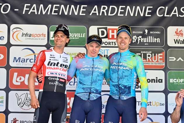 Lotto-Famenne Ardenne Classic 2025 cycling race MARCHE-EN-FAMENNE, BELGIUM - MAY 04 : Marit Arne (BEL) of Intermarche - Wanty, Kanter Max (GER) of XDS Astana Team and Bol Cees (NED) of XDS Astana Team pictured during the podium ceremony of the Men Elite UCI 1.1 Europe Tour 7th Lotto-Famenne Ardenne Classic cycling race with start in Marche-en-Famenne and finish in Marche-en-Famenne after 195 km on May 04, 2025 in Marche-en-Famenne, Belgium, 04 05 2025 ( Motordriver Guy De Vuyst & Marche-en-Famenne Belgium  Copyright: xJanxDexMeuleneirx