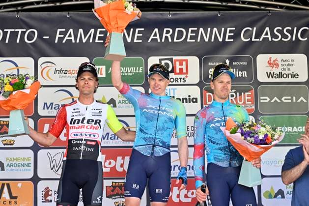 Lotto-Famenne Ardenne Classic 2025 cycling race MARCHE-EN-FAMENNE, BELGIUM - MAY 04 : Marit Arne (BEL) of Intermarche - Wanty, Kanter Max (GER) of XDS Astana Team and Bol Cees (NED) of XDS Astana Team pictured during the podium ceremony of the Men Elite UCI 1.1 Europe Tour 7th Lotto-Famenne Ardenne Classic cycling race with start in Marche-en-Famenne and finish in Marche-en-Famenne after 195 km on May 04, 2025 in Marche-en-Famenne, Belgium, 04 05 2025 ( Motordriver Guy De Vuyst & Marche-en-Famenne Belgium  Copyright: xJanxDexMeuleneirx