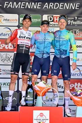Lotto-Famenne Ardenne Classic 2025 cycling race MARCHE-EN-FAMENNE, BELGIUM - MAY 04 : Marit Arne (BEL) of Intermarche - Wanty, Kanter Max (GER) of XDS Astana Team and Bol Cees (NED) of XDS Astana Team pictured during the podium ceremony of the Men Elite UCI 1.1 Europe Tour 7th Lotto-Famenne Ardenne Classic cycling race with start in Marche-en-Famenne and finish in Marche-en-Famenne after 195 km on May 04, 2025 in Marche-en-Famenne, Belgium, 04 05 2025 ( Motordriver Guy De Vuyst & Marche-en-Famenne Belgium  Copyright: xJanxDexMeuleneirx