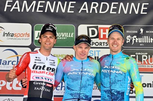 Lotto-Famenne Ardenne Classic 2025 cycling race MARCHE-EN-FAMENNE, BELGIUM - MAY 04 : Marit Arne (BEL) of Intermarche - Wanty, Kanter Max (GER) of XDS Astana Team and Bol Cees (NED) of XDS Astana Team pictured during the podium ceremony of the Men Elite UCI 1.1 Europe Tour 7th Lotto-Famenne Ardenne Classic cycling race with start in Marche-en-Famenne and finish in Marche-en-Famenne after 195 km on May 04, 2025 in Marche-en-Famenne, Belgium, 04 05 2025 ( Motordriver Guy De Vuyst & Marche-en-Famenne Belgium  Copyright: xJanxDexMeuleneirx