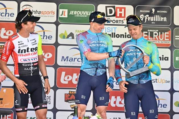 Lotto-Famenne Ardenne Classic 2025 cycling race MARCHE-EN-FAMENNE, BELGIUM - MAY 04 : Marit Arne (BEL) of Intermarche - Wanty, Kanter Max (GER) of XDS Astana Team and Bol Cees (NED) of XDS Astana Team pictured during the podium ceremony of the Men Elite UCI 1.1 Europe Tour 7th Lotto-Famenne Ardenne Classic cycling race with start in Marche-en-Famenne and finish in Marche-en-Famenne after 195 km on May 04, 2025 in Marche-en-Famenne, Belgium, 04 05 2025 ( Motordriver Guy De Vuyst & Marche-en-Famenne Belgium  Copyright: xJanxDexMeuleneirx