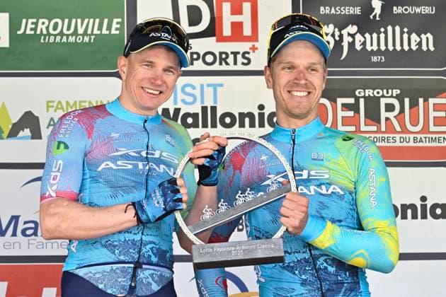 Lotto-Famenne Ardenne Classic 2025 cycling race MARCHE-EN-FAMENNE, BELGIUM - MAY 04 : Kanter Max (GER) of XDS Astana Team and Bol Cees (NED) of XDS Astana Team pictured during the podium ceremony of the Men Elite UCI 1.1 Europe Tour 7th Lotto-Famenne Ardenne Classic cycling race with start in Marche-en-Famenne and finish in Marche-en-Famenne after 195 km on May 04, 2025 in Marche-en-Famenne, Belgium, 04 05 2025 ( Motordriver Guy De Vuyst & Marche-en-Famenne Belgium  Copyright: xJanxDexMeuleneirx