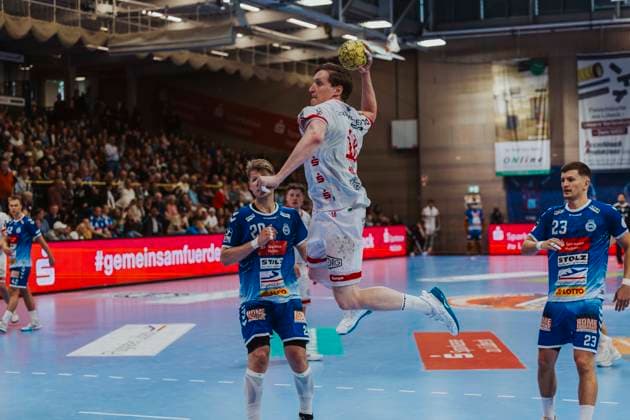 VfL Luebeck-Schwartau vs. TuS Ferndorf, Handball, 2. Bundesliga, 04.05.25 Daniel Hideg (Nr. 18, Tus Ferndorf) VfL Luebeck-Schwartau vs. TuS Ferndorf, Handball, 2. Bundesliga, 04.05.25 Luebeck Hansehalle Schleswig-Holstein Germany