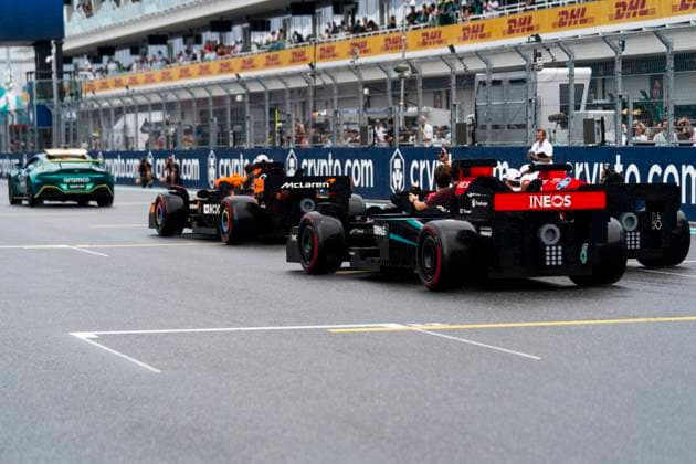 Drivers leave for the drivers parade in Lego cars during the Formula One Miami Grand Prix at the Miami International Autodrome in Miami Gardens, Florida on Sunday, May 4, 2025.  MIA2025050436 GREGxNASH