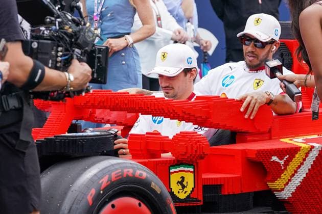 May 4, 2025, Miami, Florida, USA: Lewis Hamilton (GBR)(R) and Charles LeClerc (FRA) of Scuderia Ferrari in car made of Legos during the parade ahead of the 2025 F1 Grand Prix of Miami at Miami International Autodrome. Miami USA - ZUMAw109 20250504_fap_w109_003 Copyright: xDebbyxWongx