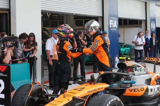 l-r: Winner, Sieger, Oscar Piastri (McLaren Formula 1 Team) und 2 Platz Lando Norris (McLaren Formula 1 Team), Grosser Preis von Miami, Motorsport, Herren, Formel 1, Rennen, 04.05.2025 Miami Florida USA