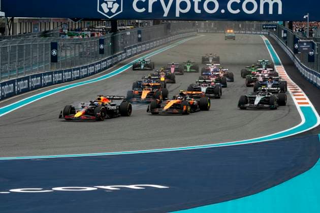 Dutch Formula One driver Max Verstappen of Red Bull Racing leads the pack into turn one during the Formula One Miami Grand Prix at the Miami International Autodrome in Miami Gardens, Florida on Sunday, May 4, 2025.  MIA2025050440 GREGxNASH