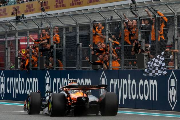 McLaren F1 Team celebrate Australian Formula One driver Oscar Piastri winning the Formula One Miami Grand Prix at the Miami International Autodrome in Miami Gardens, Florida on Sunday, May 4, 2025.  MIA2025050446 GREGxNASH