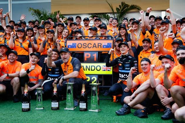 4 Lando Norris (GBR, McLaren F1 Team), Zak Brown (USA, McLaren Formula 1 Team), 81 Oscar Piastri (AUS, McLaren F1 Team), F1 Grand Prix of Miami at Miami International Autodrome on May 4, 2025 in Miami Gardens, United States of America. (Photo by HOCH ZWEI) Miami Gardens United States of America