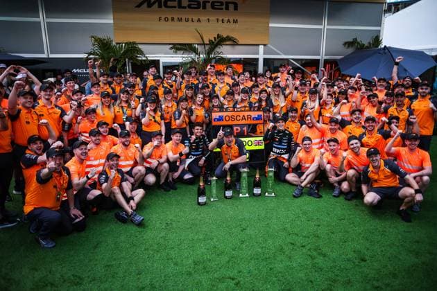 4 Lando Norris (GBR, McLaren F1 Team), Zak Brown (USA, McLaren Formula 1 Team), 81 Oscar Piastri (AUS, McLaren F1 Team), F1 Grand Prix of Miami at Miami International Autodrome on May 5, 2025 in Miami Gardens, United States of America. (Photo by HOCH ZWEI) Miami Gardens United States of America