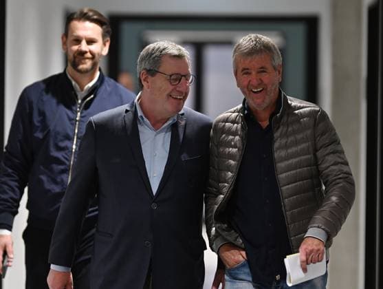 Sport Bilder des Tages 05.05.2025, xophax, Fussball 2.Bundesliga 1.FC Köln Pressekonferenz v.l.n.rechts Thomas Kessler , Präsident Werner Wolf , und Friedhelm Funkel DFL DFB REGULATIONS PROHIBIT ANY USE OF PHOTOGRAPHS as IMAGE SEQUENCES and or QUASI-VIDEO) Köln