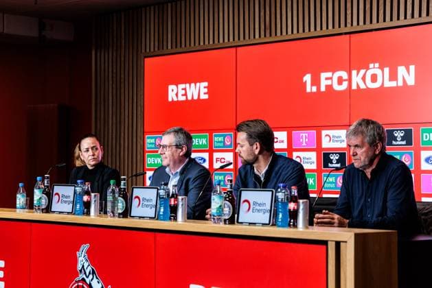 1. FC Köln Pressekonferenz Vorstellung Friedhelm Funkel; 05.05.2025 Dr. Werner Wolf (Präsident 1. FC Köln), Thomas Kessler (Sportdirektor 1. FC Köln), Friedhelm Funkel (Cheftrainer 1. FC Köln) Pressekonferenz 1. FC Köln Vorstellung Friedhelm Funkel als neuer Cheftrainer; Geissbockheim, 05.05.2025
