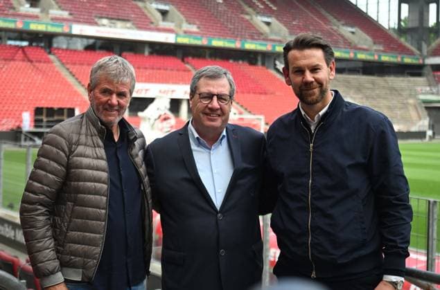 05.05.2025, xophax, Fussball 2.Bundesliga 1.FC Köln Pressekonferenz Friedhelm Funkel v.l.n. Friedhelm Funkel , Präsident Werner Wolf , Thomas Kessler DFL DFB REGULATIONS PROHIBIT ANY USE OF PHOTOGRAPHS as IMAGE SEQUENCES and or QUASI-VIDEO) Köln
