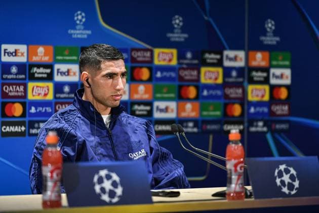 Fußball, CL, Paris St. Germain Pressekonferenz PSG presser before facing Arsenal - FA Paris Saint-Germain’s defender Achraf Hakimi speaks during a press conference, PK, Pressekonferenz at the PSG Campus on May 6, 2025, before the UEFA Champions League football match between Paris Saint-Germain and Arsenal FC at the Parc des Princes Stadium in Paris on May 7, 2025. Photo by Firas Abdullah ABACAPRESS.COM Paris Ile-de-France France  Copyright: xAbdullahxFiras ABACAx