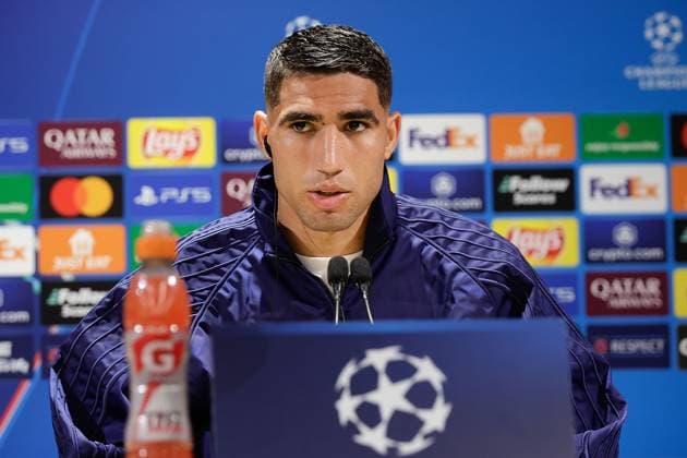 Paris, Parc des Princes 6.05.2025 UEFA Pressekonferenz vor dem Champions League 2024 25 Halbfinale Rückspiel Paris Saint Germain - Arsenal FC v.l., Achraf Hakimi (Paris Saint-Germain) Copyright: AntonioxBorga
