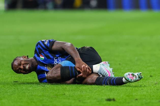 FC Internazionale vs FC Barcelona, Barca - UEFA Champions League 2024 25 Semi Final - 2nd leg - 06 05 2025 Marcus Thuram of FC Internazionale injured during UEFA Champions League 2024 25 Semi Final - 2nd leg football match between FC Internazionale and FC Barcelona at San Siro Stadium Copyright: xBEAUTIFULxSPORTS Carabellix
