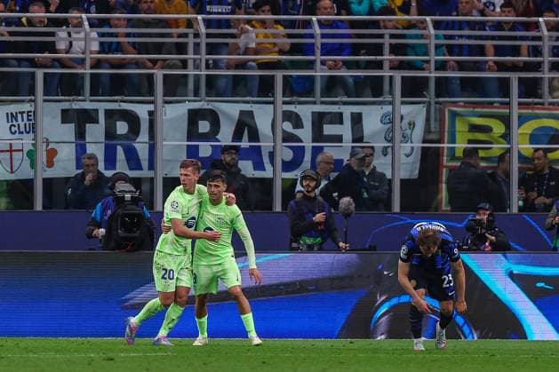 FC Internazionale vs FC Barcelona, Barca - UEFA Champions League 2024 25 Semi Final - 2nd leg - 06 05 2025 Dani Olmo of FC Barcelona celebrates after scoring a goal during UEFA Champions League 2024 25 Semi Final - 2nd leg football match between FC Internazionale and FC Barcelona at San Siro Stadium Copyright: xBEAUTIFULxSPORTS Carabellix