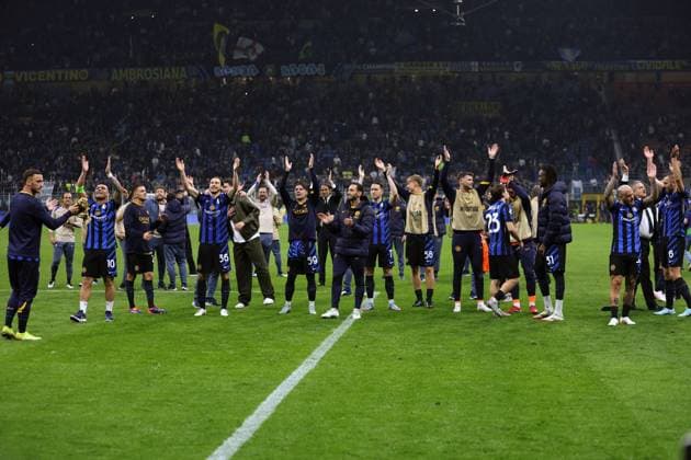 Players of Fc Internazionale celebrate after winning, UEFA Champions League 2024 25 Semi Final Second Leg, FC Internazionale Milano v FC Barcelona, Barca Stadio Giuseppe Meazza (San Siro), May 6, 2025, Milan, Italy.