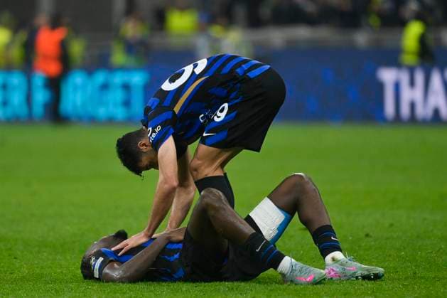 6th May 2025; Giuseppe Meazza, Milan, Italy; Champions League Semi Final, 2nd Leg Football, Inter Milan versus Barcelona FC; (L-R) Marcus Thuram of FC Internazionale and Mehdi Taremi of FC Internazionale celebrates a victory for 4-3 against FC Barcelona, Barca  ActionPlus12783460 StefanoxGuidi