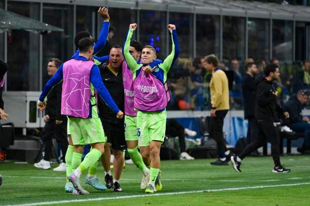 6th May 2025; Giuseppe Meazza, Milan, Italy; Champions League Semi Final, 2nd Leg Football, Inter Milan versus Barcelona FC; Barcelona celebrate scoring for 2-1  ActionPlus12783401 StefanoxGuidi