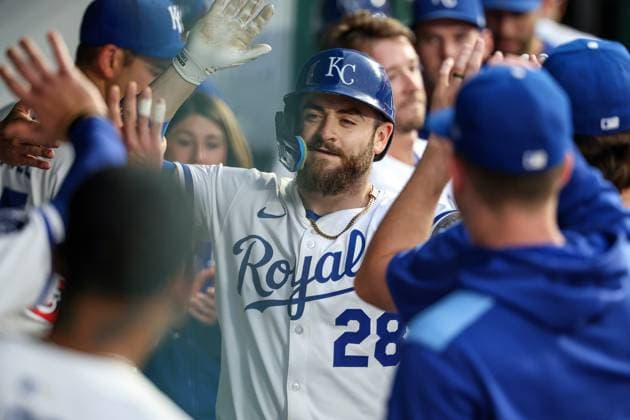 May 6, 2025: Kansas City Royals center fielder Kyle Isbel (28) celebrates his home run with teammates during the sixth inning against the Chicago White Sox at Kauffman Stadium in Kansas City, MO. CSM Kansas City United States of America - ZUMAc04_ 20250506_zma_c04_027 Copyright: xDavidxSmithx