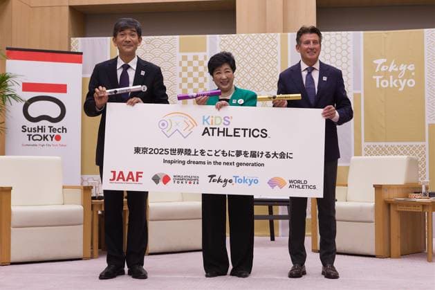 2025 05 07, Tokyo,Today on Kids Athletic Day, World Athletics President Sebastian Coe, Tokyo Governor Yuriko Koike and Mitsugi Ogata, President of both the Japan Association of Athletics Federation (JAAF) and WHC Tokyo 25, came together to reaffirm their commitment to making this year s Championship a landmark event that will inspire and empower children around the world. Noxthirdxpartyxsales  (289738102)