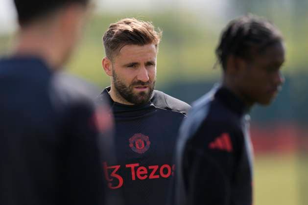 Manchester United, ManU 07 05 2025. Training Luke Shaw (23) of Manchester United during the Europa League training session for Manchester United at Carrington, Manchester, United Kingdom on 7 May 2025. Manchester Carrington United Kingdom Editorial use only , Copyright: xConorxMolloyx PSI-22029-0029