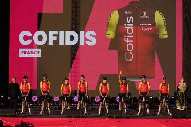 Cofidis during the teams presentation ahead of the Giro d™Italia cycling race in Tirana. The race starts on Friday, May 9, with the first stage over 160 km, from Durazzo (Durres) to Tirana (Tirane), Albania- Wednesday, May 7, 2025. - cycling.  Copyright: xFabioxFerrari LaPressex