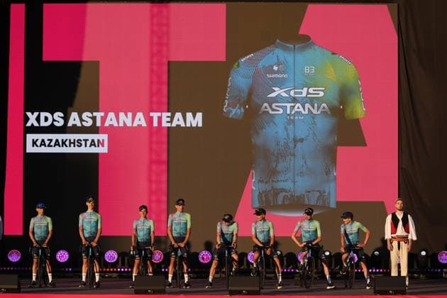 Xds Astana Team during the teams presentation ahead of the Giro d™Italia cycling race in Tirana. The race starts on Friday, May 9, with the first stage over 160 km, from Durazzo (Durres) to Tirana (Tirane), Albania- Wednesday, May 7, 2025. - cycling.  Copyright: xFabioxFerrari LaPressex