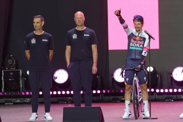 Giro d Italia in Albania Cyclist Primo Roglic of Team Red Bull Bora Hansgrohe on stage during the Teams Presentation for the Giro d Italia cycling tour, in center of Tirana, Albania, May 07, 2025. Giro d Italia 2025 will start on May 09, 2025 from Durres, Albania. Tirana Albania Copyright: xMatrixxImages ArmandoxBabanix 