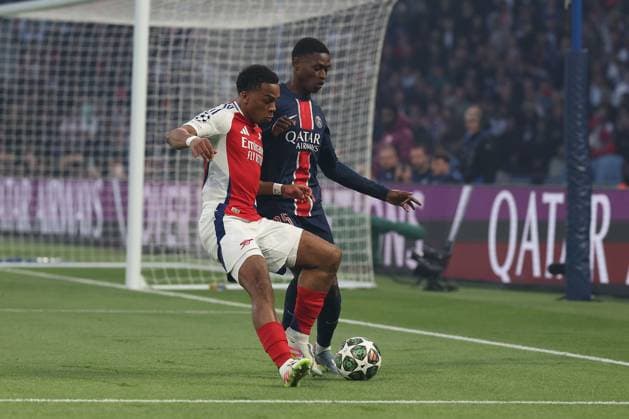 Paris, Parc des Princes 7.05.2025 xJFx UEFA Champions League 2024 25 Halbfinale Rückspiel Paris Saint Germain - Arsenal FC v.l., Jurrien Timber (Arsenal FC), Nuno Mendes (Paris Saint-Germain), Zweikampf, Action, Aktion, Battles for the Ball Copyright: JoaquimxFerreira