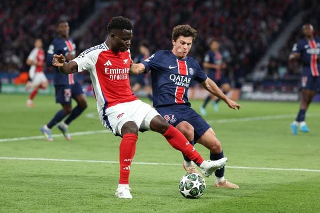 Paris, Parc des Princes 7.05.2025 xJFx UEFA Champions League 2024 25 Halbfinale Rückspiel Paris Saint Germain - Arsenal FC v.l., Bukayo Saka (Arsenal FC), Joao Neves (Paris Saint-Germain) Zweikampf, Action, Aktion, Battles for the Ball Copyright: JoaquimxFerreira