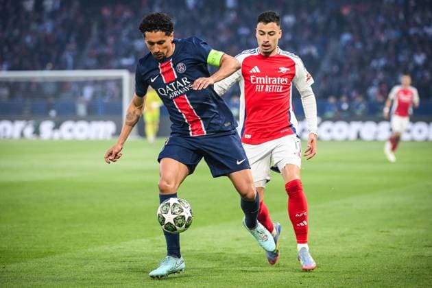 May 7, 2025, Paris, France, France: MARQUINHOS of PSG and Gabriel MARTINELLI of Arsenal during the UEFA Champions League match between Paris Saint-Germain and Arsenal FC at Parc des Princes Stadium on May 07, 2025 in Paris, France. Paris France - ZUMAm308 20250507_zsp_m308_001 Copyright: xMatthieuxMirvillex