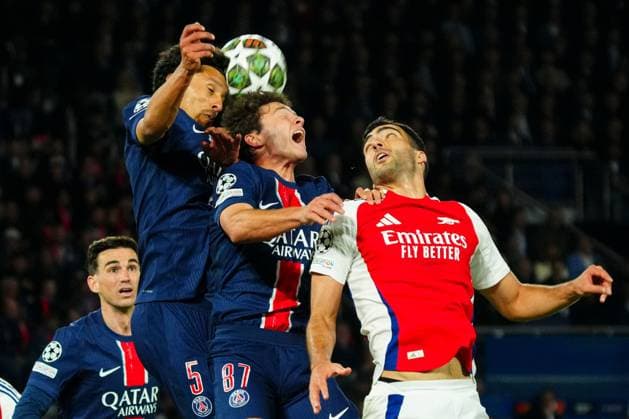 Marquinhos of PSG (L), Joao Neves of PSG (centre) and Mikel Merino of Arsenal (R) challenge for the same ball Paris Saint-Germain v Arsenal, UEFA Champions League, Semi Final, Second Leg, Football, Parc des Princes, Paris, France - 07 May 2025 EDITORIAL USE ONLY No use with unauthorised audio, video, data, fixture lists, club league logos or live services. Online in-match use limited to 120 images, no video emulation. No use in betting, games or single club league player publications.  Copyright: xJavierxGarcia Shutterstockx 15288068dd