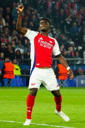 Bukayo Saka of Arsenal celebrates scoring a goal for their side to make it 2-1 Paris Saint-Germain v Arsenal, UEFA Champions League, Semi Final, Second Leg, Football, Parc des Princes, Paris, France - 07 May 2025 EDITORIAL USE ONLY No use with unauthorised audio, video, data, fixture lists, club league logos or live services. Online in-match use limited to 120 images, no video emulation. No use in betting, games or single club league player publications.  Copyright: xJavierxGarcia Shutterstockx 15288068dj