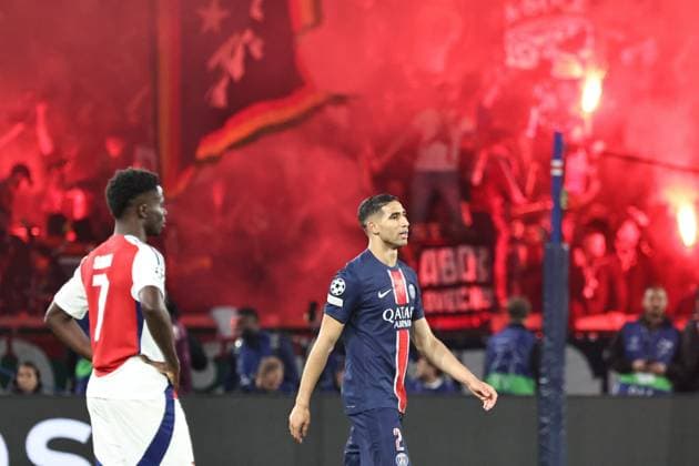 PSG ARSENAL PHOTOPQR LE PARISIEN LP Fred Dugit ; Paris ; 07 05 2025 ; Sports Parc des Princes, Paris (XVIe), 07 05 2025 Demi-finale retour de ligue des Champions Psg-Arsenal LP Fred Dugit But Penalty Achraf Hakimi