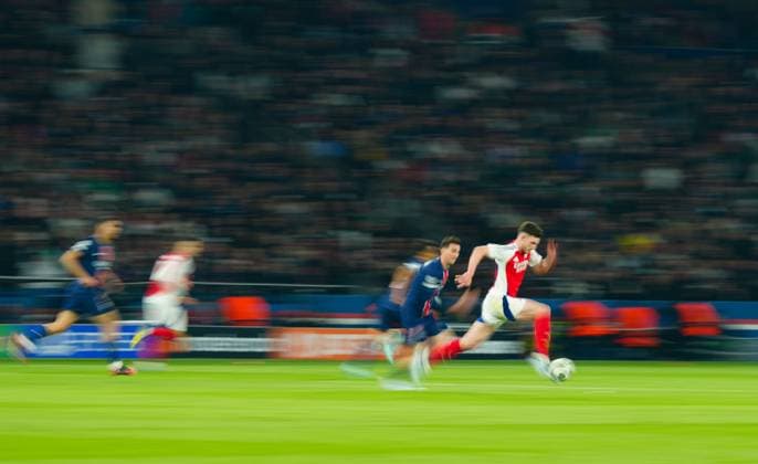 Declan Rice of Arsenal Paris Saint-Germain v Arsenal, UEFA Champions League, Semi Final, Second Leg, Football, Parc des Princes, Paris, France - 07 May 2025 EDITORIAL USE ONLY No use with unauthorised audio, video, data, fixture lists, club league logos or live services. Online in-match use limited to 120 images, no video emulation. No use in betting, games or single club league player publications.  Copyright: xJavierxGarcia Shutterstockx 15288068gt