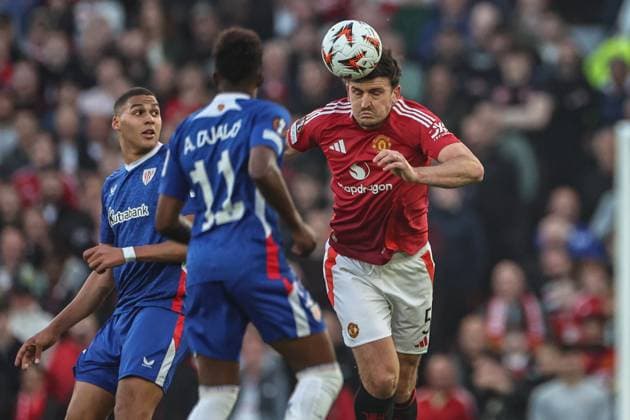 UEFA Europa League Semi-final Manchester United, ManU v Athletic Bilbao Harry Maguire of Manchester United heads the ball during the UEFA Europa League Semi-final match Manchester United vs Athletic Bilbao at Old Trafford, Manchester, United Kingdom, 8th May 2025 (Photo by Mark Cosgrove News Images) Manchester Old Trafford Greater Manchester United Kingdom Copyright: xMarkxCosgrove NewsxImagesx