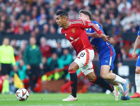 Casemiro of Manchester United, ManU and Mikel Jauregizar of Athletic Bilbao Manchester United v Athletic Bilbao, UEFA Europa League, Semi Final, Second Leg, Football, Old Trafford, Manchester, UK - 08 May 2025 EDITORIAL USE ONLY No use with unauthorised audio, video, data, fixture lists, club league logos or live services. Online in-match use limited to 120 images, no video emulation. No use in betting, games or single club league player publications. Copyright: xMattxWest Shutterstockx 15288260t