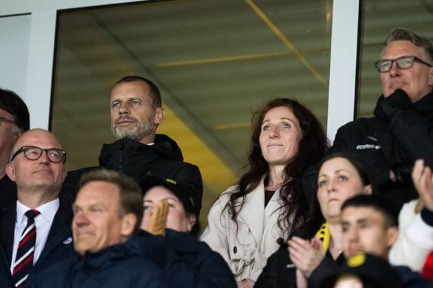 250508 UEFA President Aleksander Ceferin and President of the Norwegian Football Association Lise Klaveness in the stands ahead of the UEFA Europa League semi-final football match between Bodo Glimt and Tottenham on May 8, 2025 in Bodo. Photo: Vegard Grott BILDBYRAN kod VG VG0750 bbeng fotboll football soccer fotball uefa europa league europa league bodo glimt bodo glimt tottenham hotspur spurs Copyright: VEGARDxGRoTT BB250508VG023
