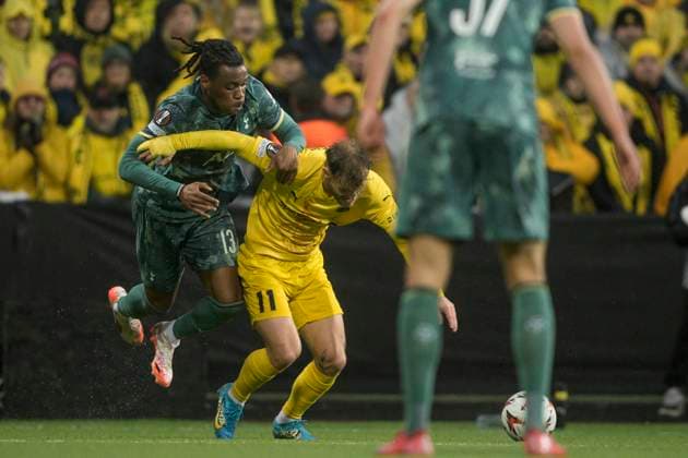 UEFA Europa leauge 2024 2025 Bodo Glimt Tottenham Bodo 20250508 Tottenhams Destiny Udogie and Bodo Glimts Ole Didrik Blomberg during the UEFA Europa League between Bodo Glimt and Tottenham at Aspmyra Stadium Photo Stian Lysberg Solum NTB Bodo Norge EDITORIAL USE ONLY RESTRICTED USE FOR BETTING COMPANIES  Copyright: xStianxLysbergxSolumx xNTBx