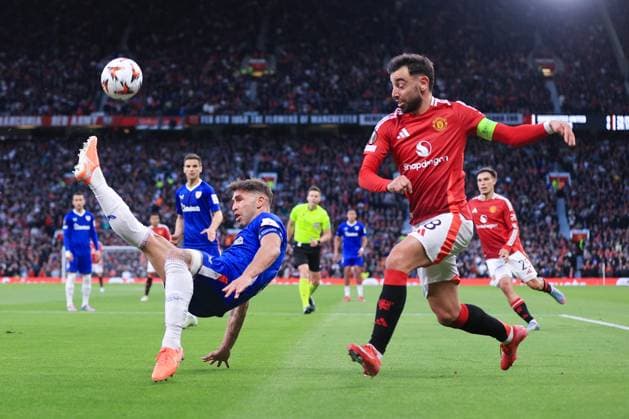 Football - UEFA Europa League - Semi Final (2nd Leg) - Manchester United, ManU v Athletic Bilbao 8th May 2025 - UEFA Europa League - Semi Final (2nd Leg) - Manchester United v Athletic Bilbao - Yeray of Athletic Bilbao clears from Bruno Fernandes of Manchester United - Photo: Simon Stacpoole Offside. Manchester UK Copyright: xSimonxStacpoolexOffside