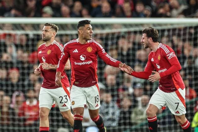 UEFA Europa League Semi-final Manchester United, ManU v Athletic Bilbao Casemiro of Manchester United celebrates his goal to make it 2-1 during the UEFA Europa League Semi-final match Manchester United vs Athletic Bilbao at Old Trafford, Manchester, United Kingdom, 8th May 2025 (Photo by Mark Cosgrove News Images) Manchester Old Trafford Greater Manchester United Kingdom Copyright: xMarkxCosgrove NewsxImagesx