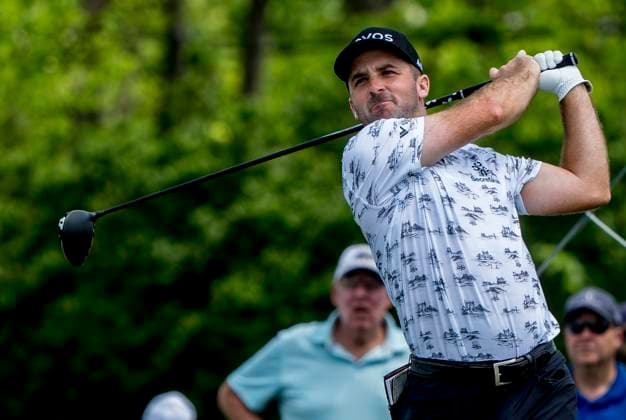 May 8, 2025, Philadelphia, Pa, USA: Denny McCarthy tees off during the Truist Championship at The Philadelphia Cricket Club on the Wissihickon Course in Flourtown, Pennsylvania on May 8, 2025. Cal Media Philadelphia USA - ZUMAcs17 20250508_faf_cs17_040 Copyright: xScottxSeriox