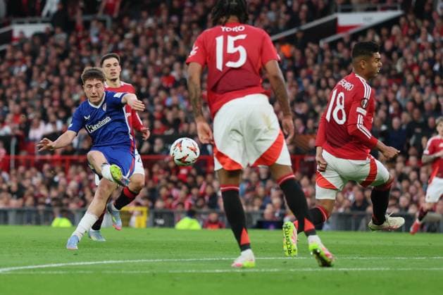 Football - 2024 2025 UEFA Europa League - Semi-Finals - Second Leg - Manchester United, ManU vs Athletic Club, Bilbao - Old Trafford - Thursday 8th May 2025 Mikel Jauregizar of Athletic Bilbao scores Ito make it 0-1 