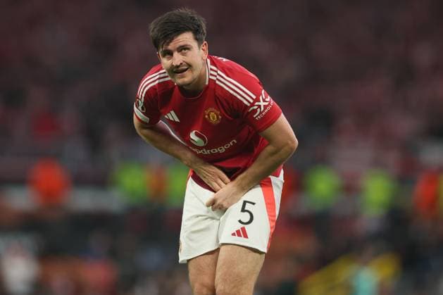 Football - 2024 2025 UEFA Europa League - Semi-Finals - Second Leg - Manchester United, ManU vs Athletic Club, Bilbao - Old Trafford - Thursday 8th May 2025 Harry Maguire of Manchester United takes a painful one to the groin 