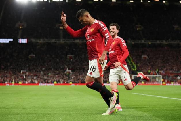 Football - 2024 2025 UEFA Europa League - Semi-Finals - Second Leg - Manchester United, ManU vs Athletic Club, Bilbao - Old Trafford - Thursday 8th May 2025 Casemiro of Manchester United scores to make it 2-1 and celebrates 