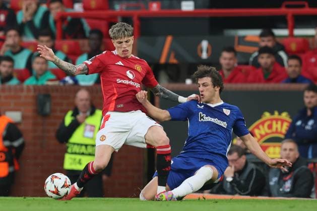 Football - 2024 2025 UEFA Europa League - Semi-Finals - Second Leg - Manchester United, ManU vs Athletic Club, Bilbao - Old Trafford - Thursday 8th May 2025 Alejandro Garnacho of Manchester United and Unai Gomez of Athletic BilbaoB 